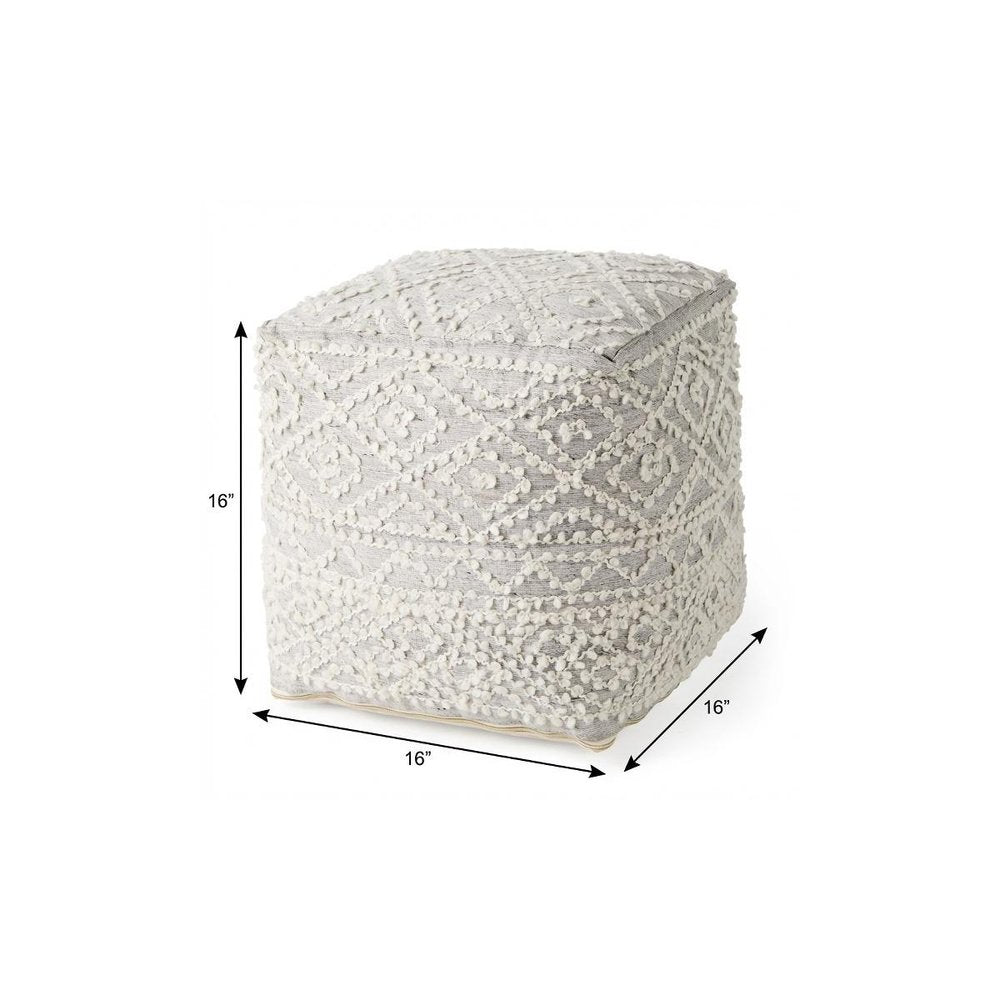 16" Cream and Gray Upholstery and Wool Geometric Pouf Ottoman — view 8