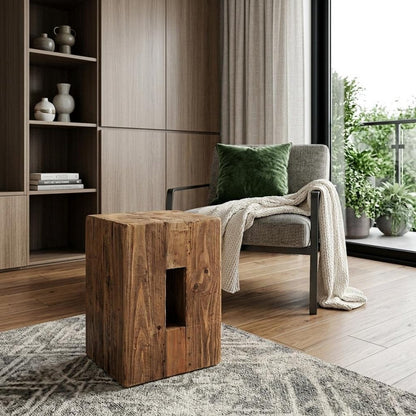17" Brown Distressed Solid Wood Square Pedestal End Table With Shelf HomeRoots