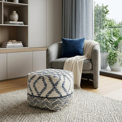 16" Cream and Gray Cotton Denim and Wool Geometric Round Pouf Ottoman HomeRoots