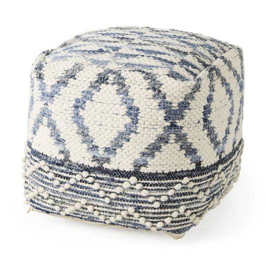 16" Cream and Gray Cotton Denim and Wool Geometric Round Pouf Ottoman
