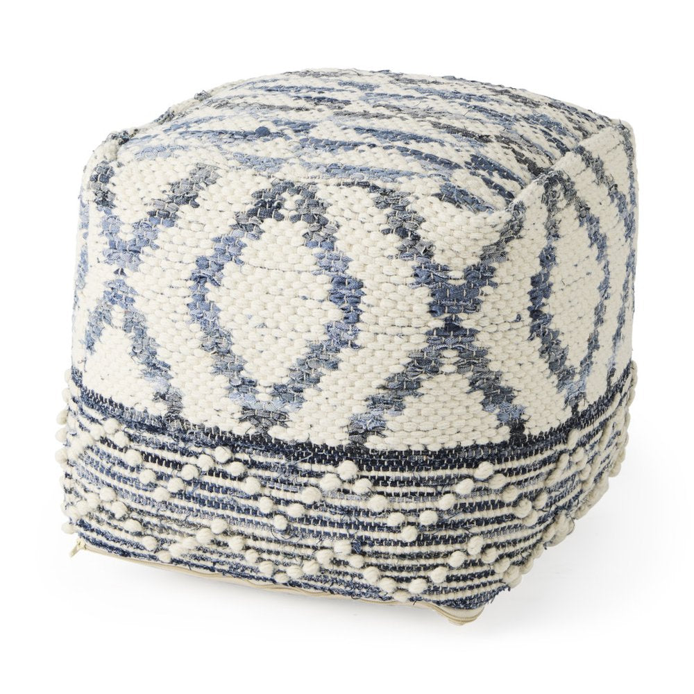 16" Cream and Gray Cotton Denim and Wool Geometric Round Pouf Ottoman — view 1