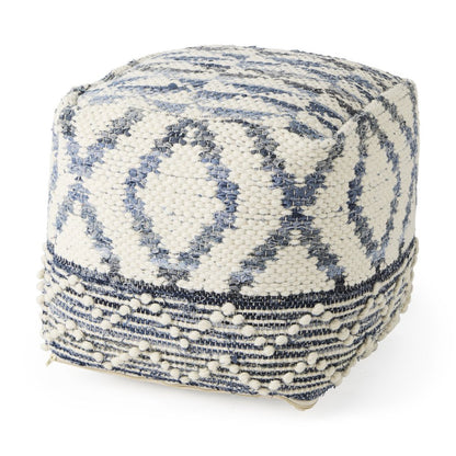 16" Cream and Gray Cotton Denim and Wool Geometric Round Pouf Ottoman HomeRoots