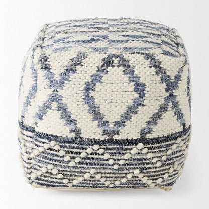 16" Cream and Gray Cotton Denim and Wool Geometric Round Pouf Ottoman HomeRoots