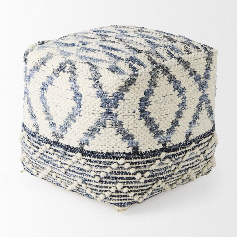 16" Cream and Gray Cotton Denim and Wool Geometric Round Pouf Ottoman HomeRoots