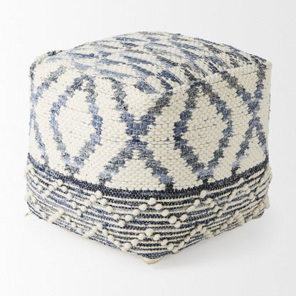 16" Cream and Gray Cotton Denim and Wool Geometric Round Pouf Ottoman HomeRoots