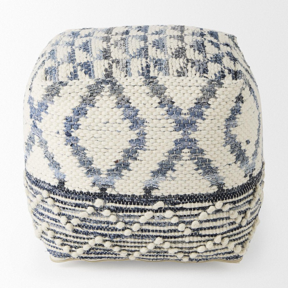 16" Cream and Gray Cotton Denim and Wool Geometric Round Pouf Ottoman HomeRoots