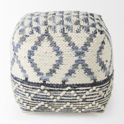 16" Cream and Gray Cotton Denim and Wool Geometric Round Pouf Ottoman HomeRoots