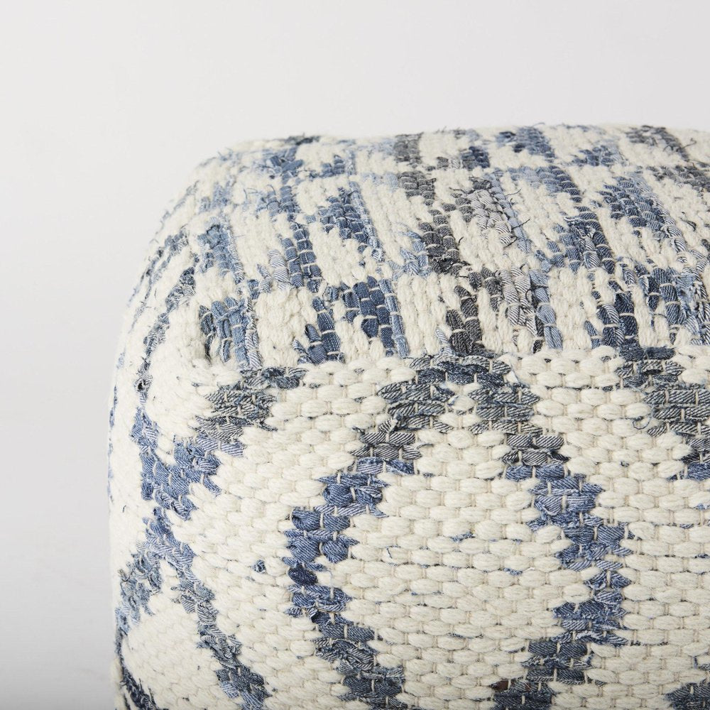 16" Cream and Gray Cotton Denim and Wool Geometric Round Pouf Ottoman — view 5