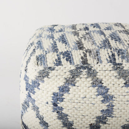16" Cream and Gray Cotton Denim and Wool Geometric Round Pouf Ottoman HomeRoots