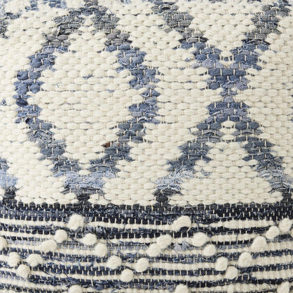 16" Cream and Gray Cotton Denim and Wool Geometric Round Pouf Ottoman HomeRoots