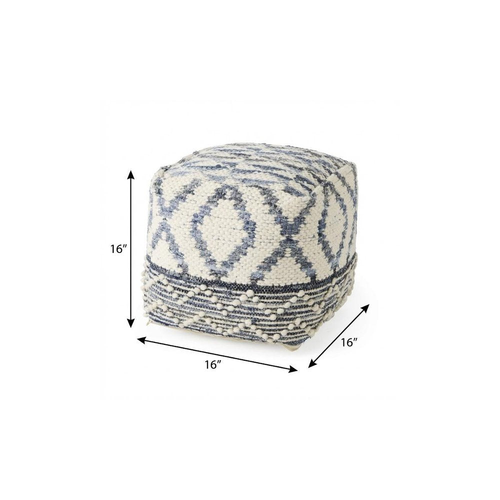 16" Cream and Gray Cotton Denim and Wool Geometric Round Pouf Ottoman — view 9