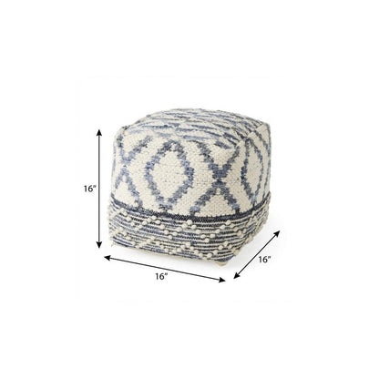 16" Cream and Gray Cotton Denim and Wool Geometric Round Pouf Ottoman HomeRoots