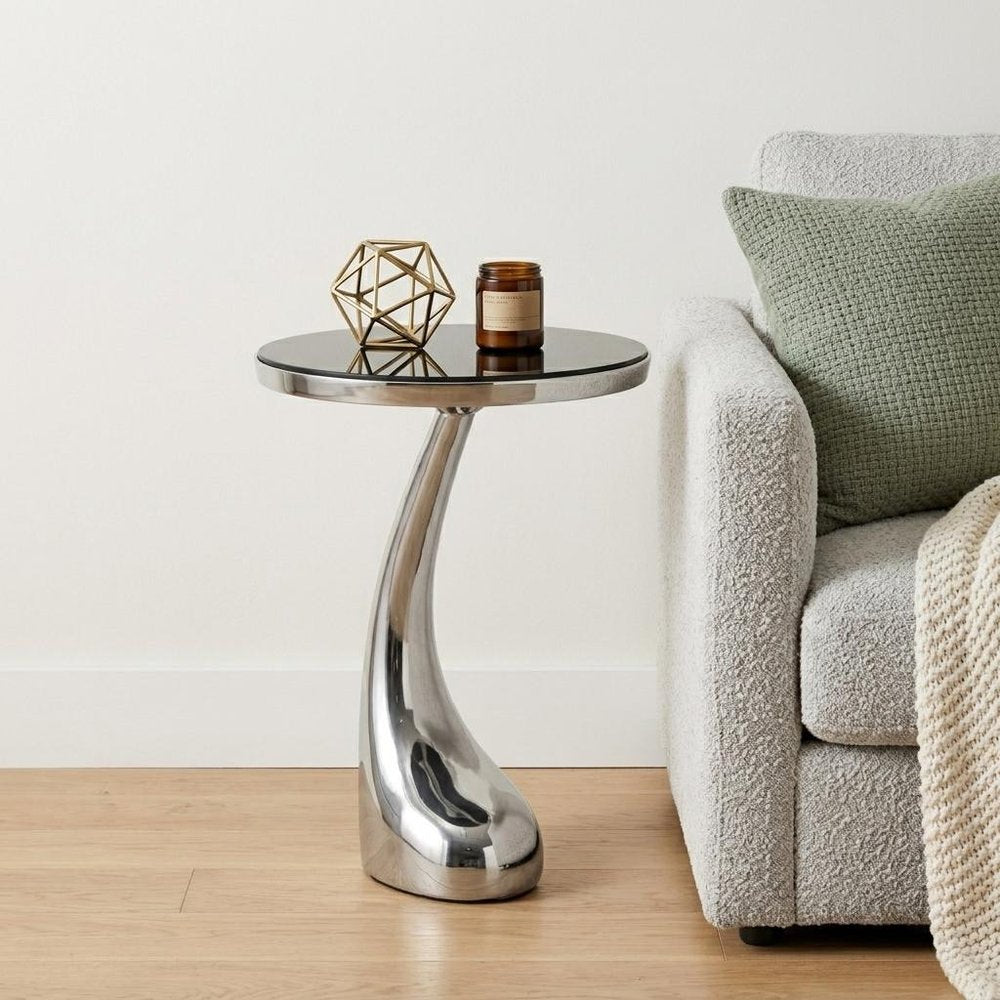 21" Silver And Black Aluminum And Granite Round Abstract End Table HomeRoots