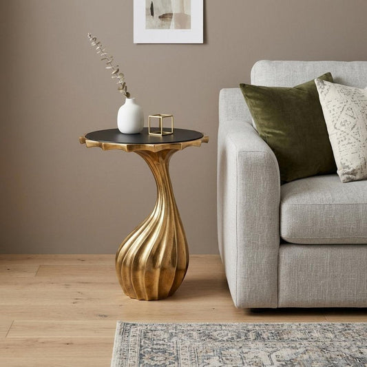 25" Gold And Black Aluminum And Granite Round Abstract End Table HomeRoots