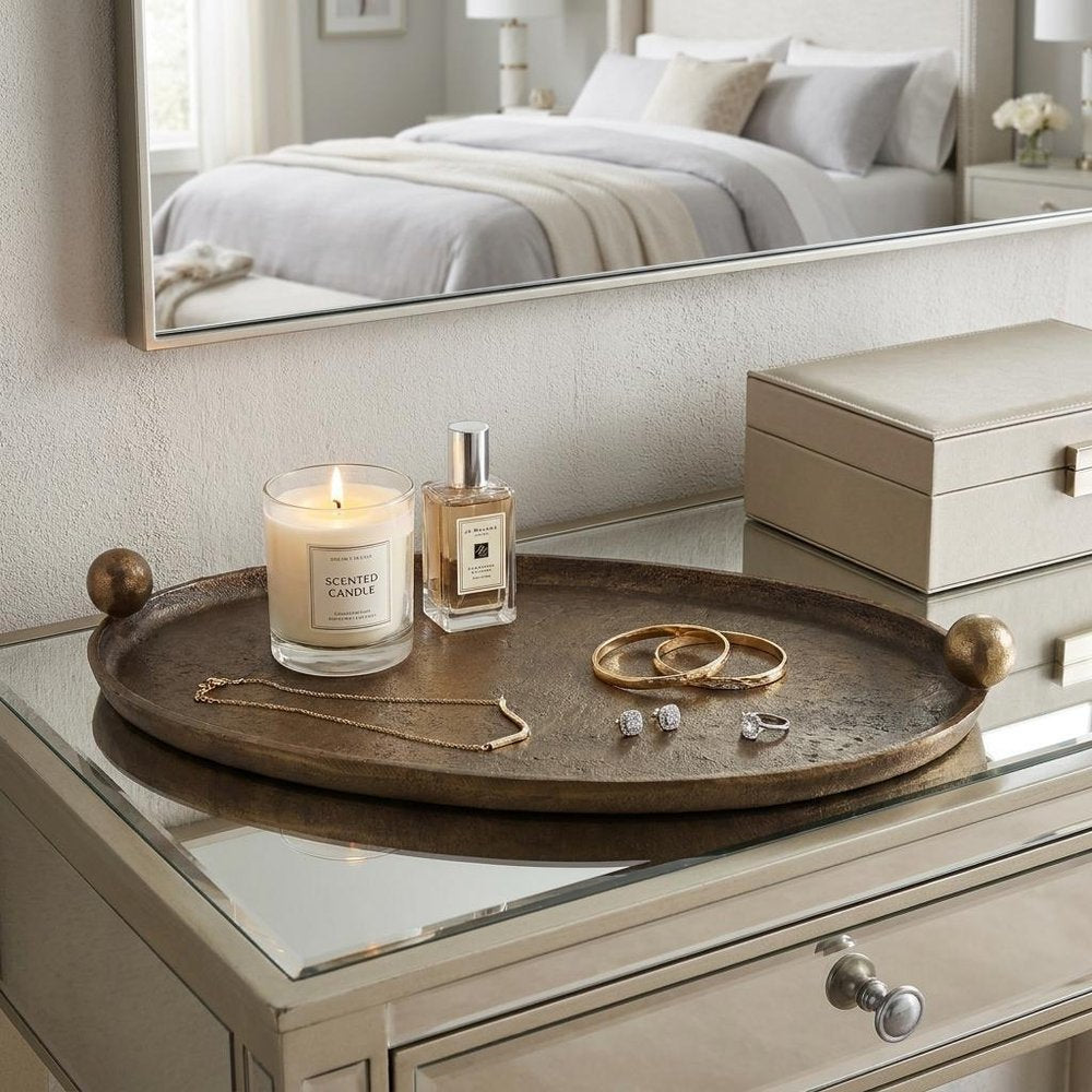 14" Antiqued Gold Aluminum Hand Finished Oval Vanity Tray With Handles — view 10