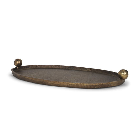 14" Antiqued Gold Aluminum Hand Finished Oval Vanity Tray With Handles HomeRoots