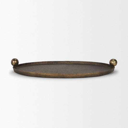 14" Antiqued Gold Aluminum Hand Finished Oval Vanity Tray With Handles HomeRoots