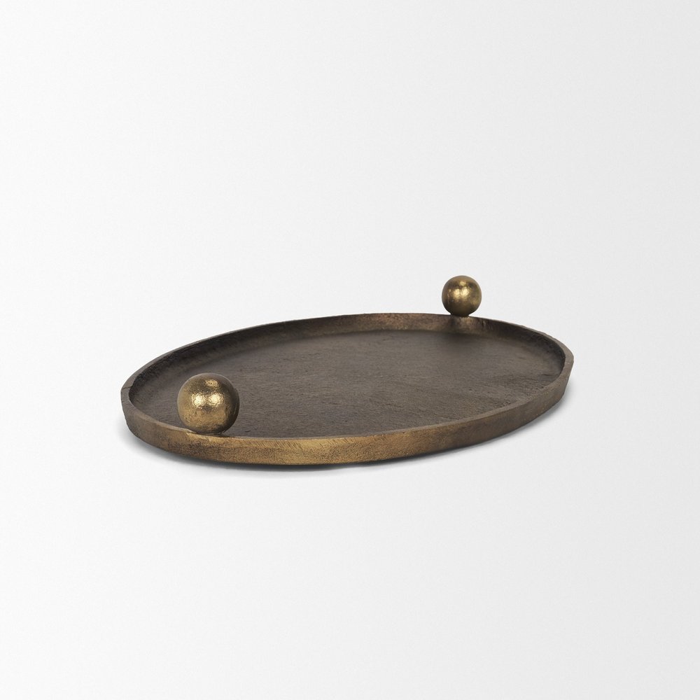 14" Antiqued Gold Aluminum Hand Finished Oval Vanity Tray With Handles HomeRoots