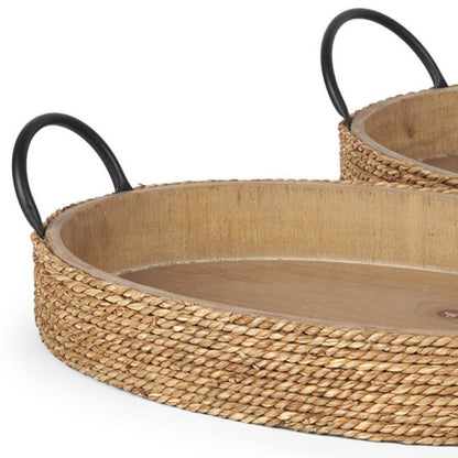 Set of Two Natural and Black Jute Metal And Solid Wood Oval Serving Trays With Handles