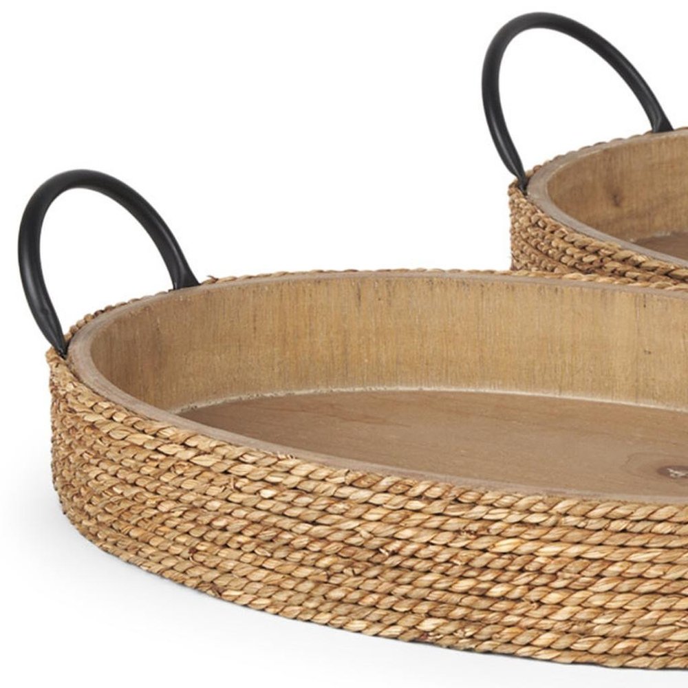 Set of Two Natural and Black Jute Metal And Solid Wood Oval Serving Trays With Handles HomeRoots