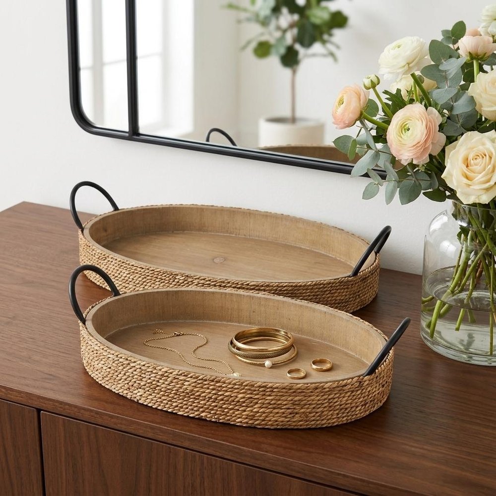 Set of Two Natural and Black Jute Metal And Solid Wood Oval Serving Trays With Handles — view 10
