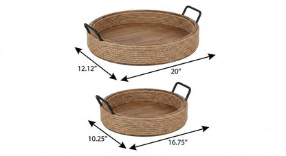 Set of Two Natural and Black Jute Metal And Solid Wood Oval Serving Trays With Handles HomeRoots
