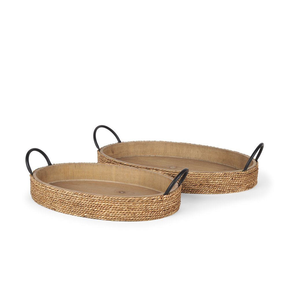 Set of Two Natural and Black Jute Metal And Solid Wood Oval Serving Trays With Handles — view 1