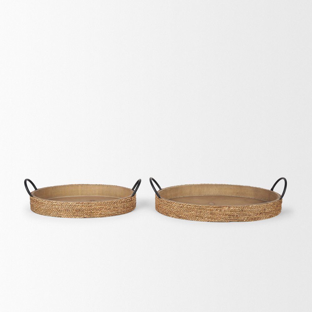 Set of Two Natural and Black Jute Metal And Solid Wood Oval Serving Trays With Handles — view 2