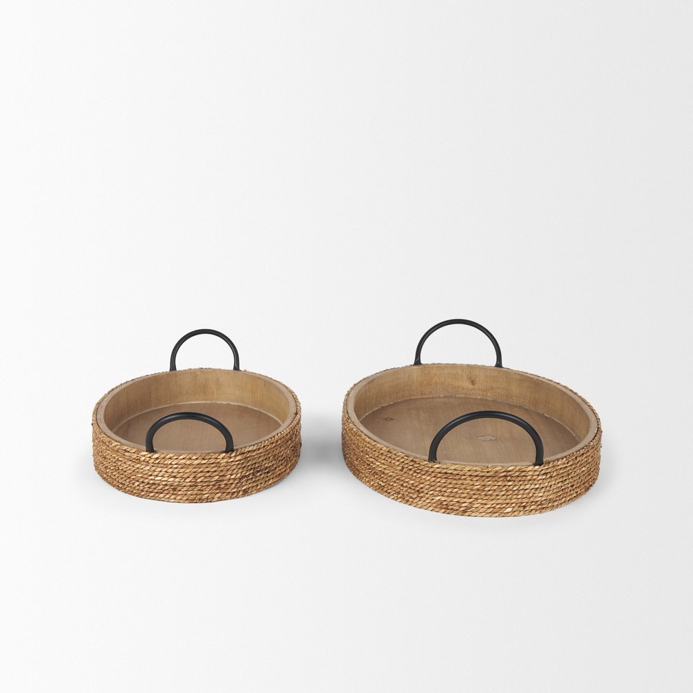 Set of Two Natural and Black Jute Metal And Solid Wood Oval Serving Trays With Handles HomeRoots
