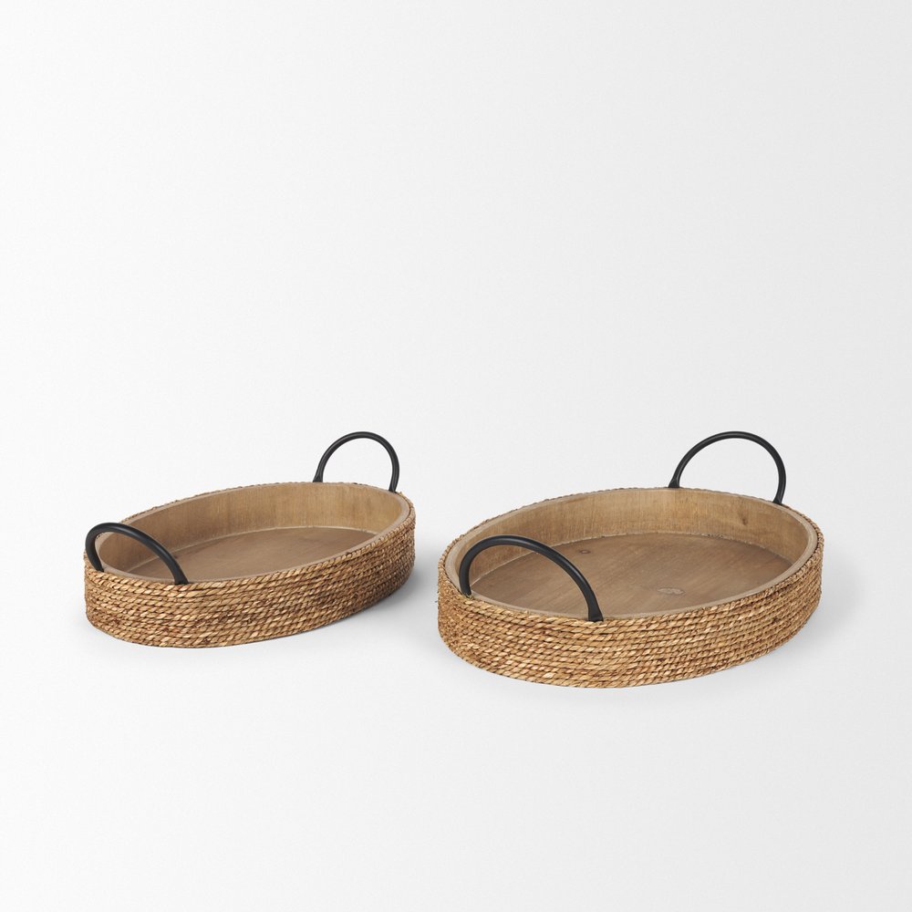 Set of Two Natural and Black Jute Metal And Solid Wood Oval Serving Trays With Handles — view 4