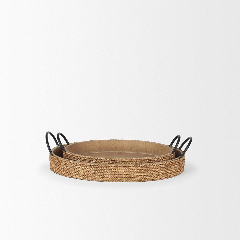 Set of Two Natural and Black Jute Metal And Solid Wood Oval Serving Trays With Handles — view 5