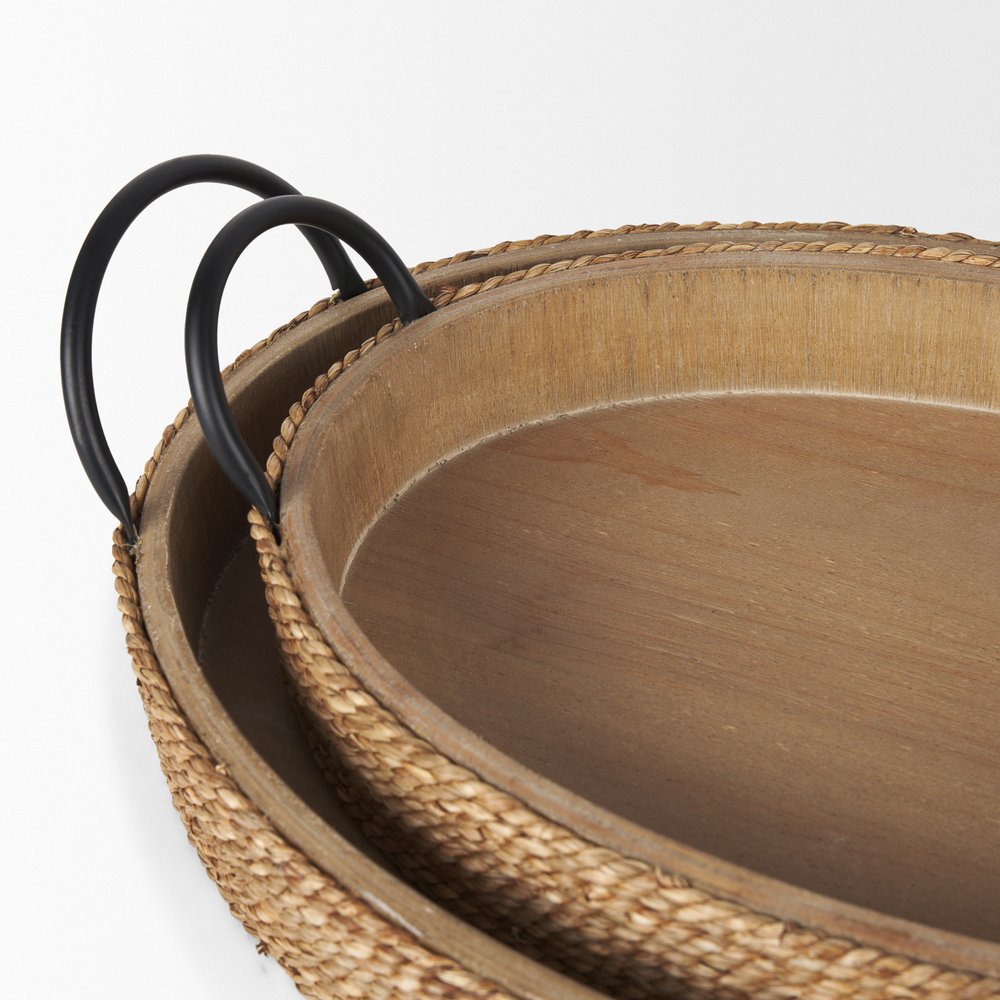 Set of Two Natural and Black Jute Metal And Solid Wood Oval Serving Trays With Handles — view 6