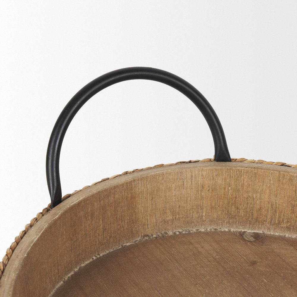 Set of Two Natural and Black Jute Metal And Solid Wood Oval Serving Trays With Handles — view 7