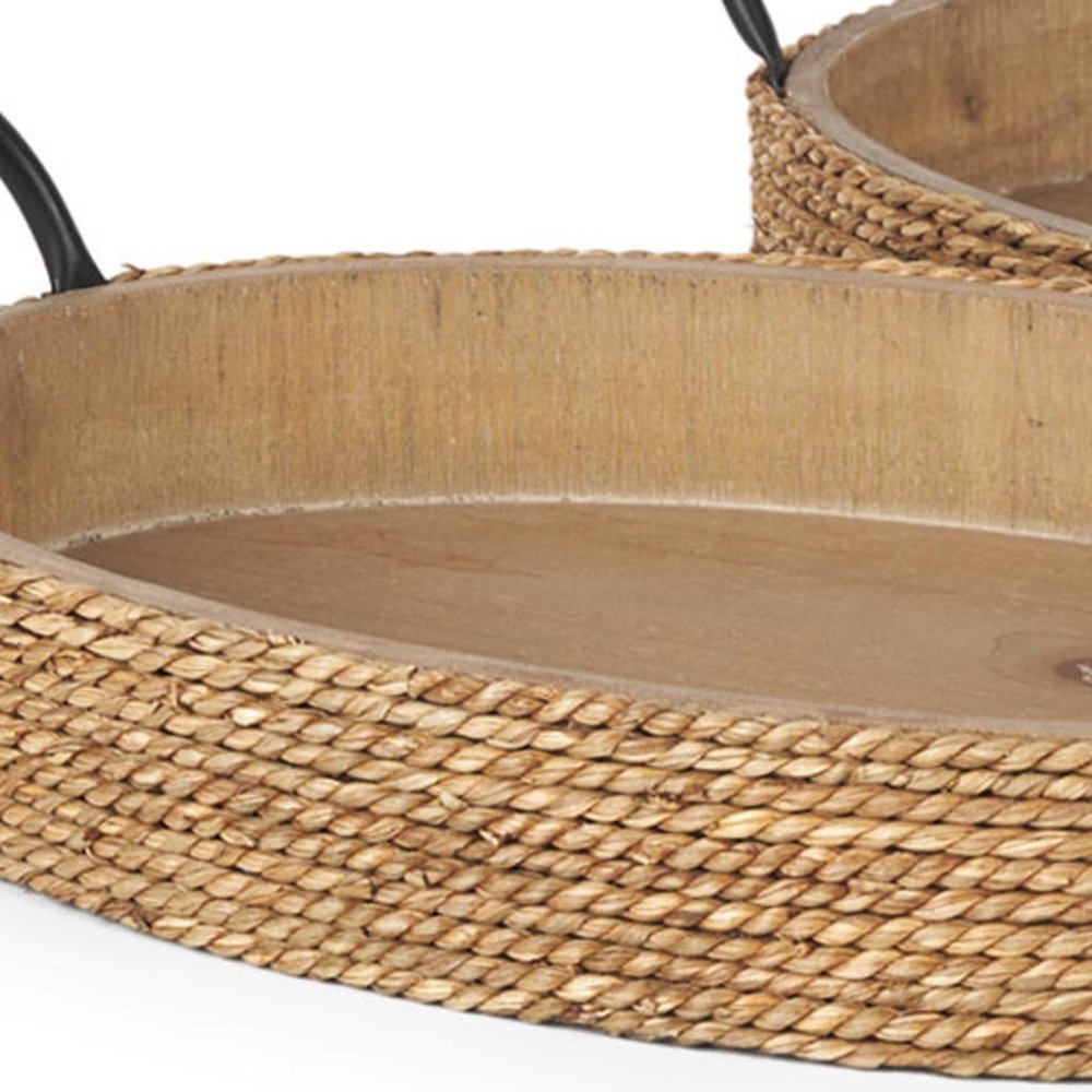 Set of Two Natural and Black Jute Metal And Solid Wood Oval Serving Trays With Handles — view 8