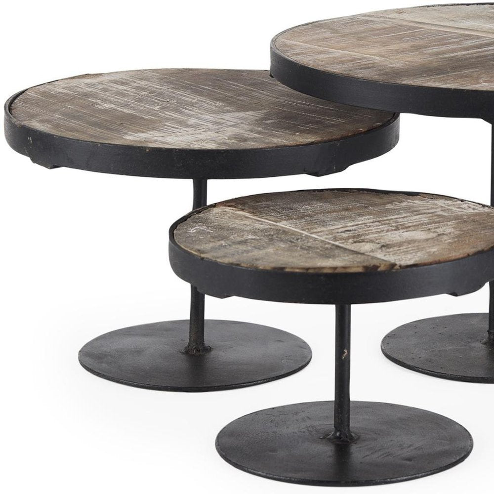 Set of Three Black And Light Brown Iron And Solid Wood Round Risers HomeRoots