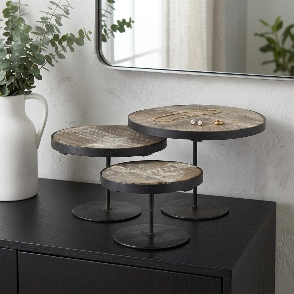 Set of Three Black And Light Brown Iron And Solid Wood Round Risers — view 11