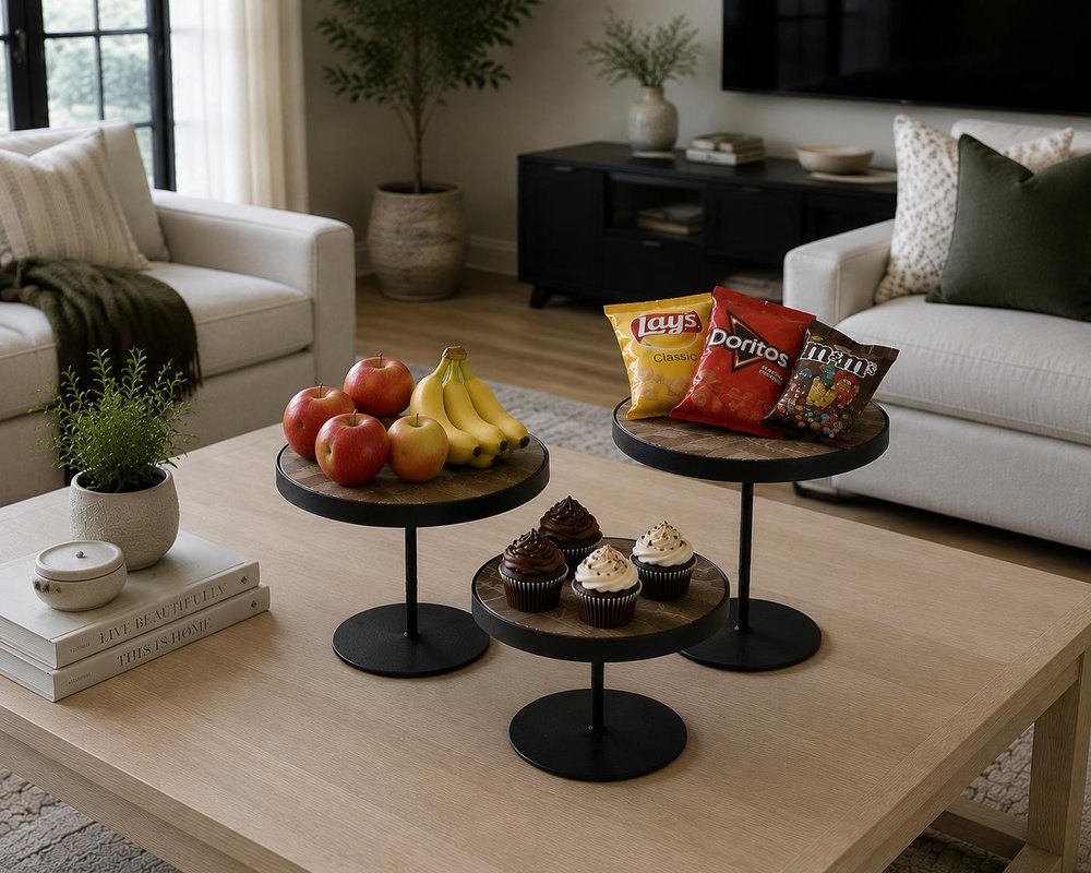 Set of Three Black And Light Brown Iron And Solid Wood Round Risers HomeRoots