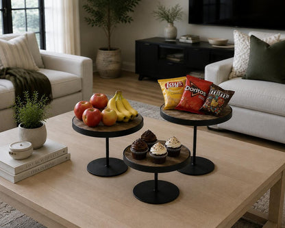 Set of Three Black And Light Brown Iron And Solid Wood Round Risers HomeRoots