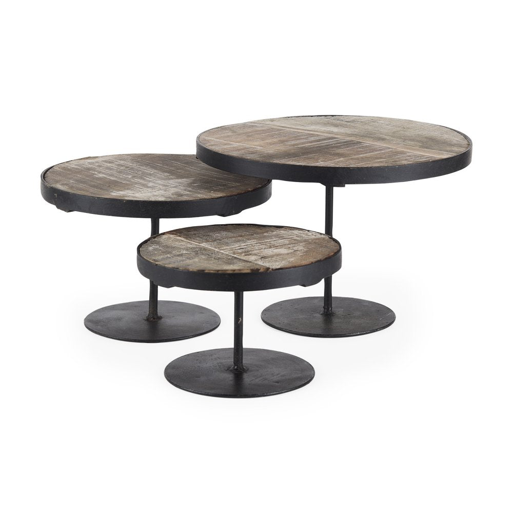 Set of Three Black And Light Brown Iron And Solid Wood Round Risers — view 1