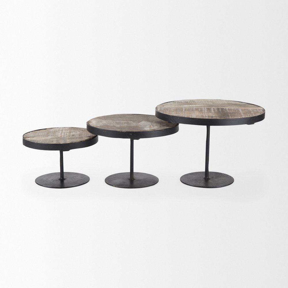 Set of Three Black And Light Brown Iron And Solid Wood Round Risers — view 2