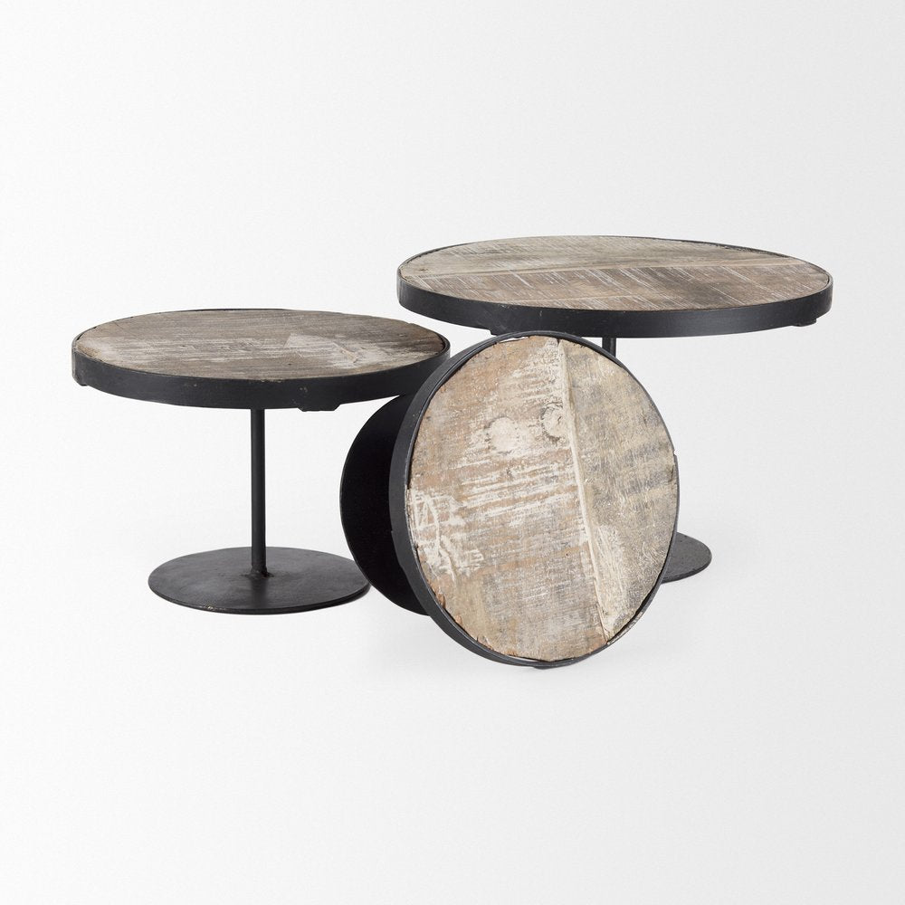 Set of Three Black And Light Brown Iron And Solid Wood Round Risers — view 3