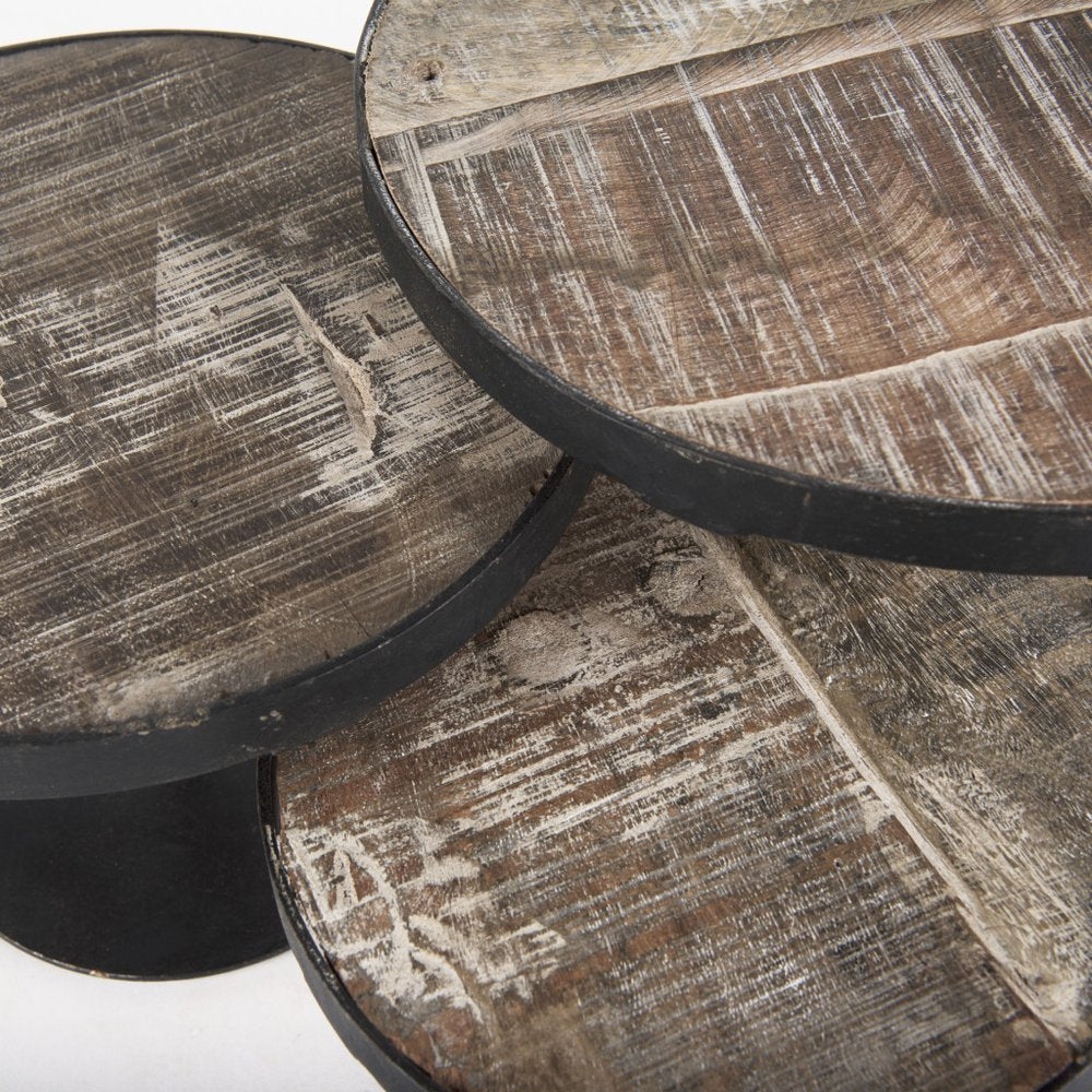 Set of Three Black And Light Brown Iron And Solid Wood Round Risers — view 4