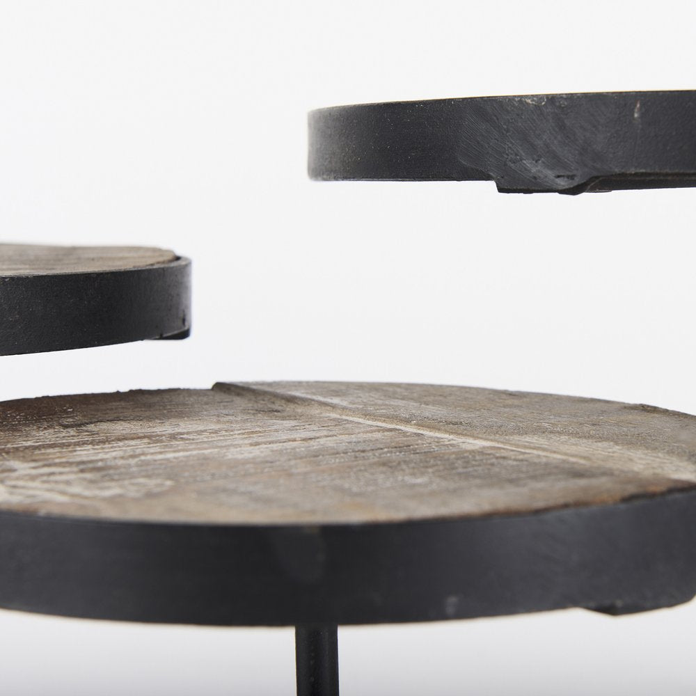 Set of Three Black And Light Brown Iron And Solid Wood Round Risers — view 5