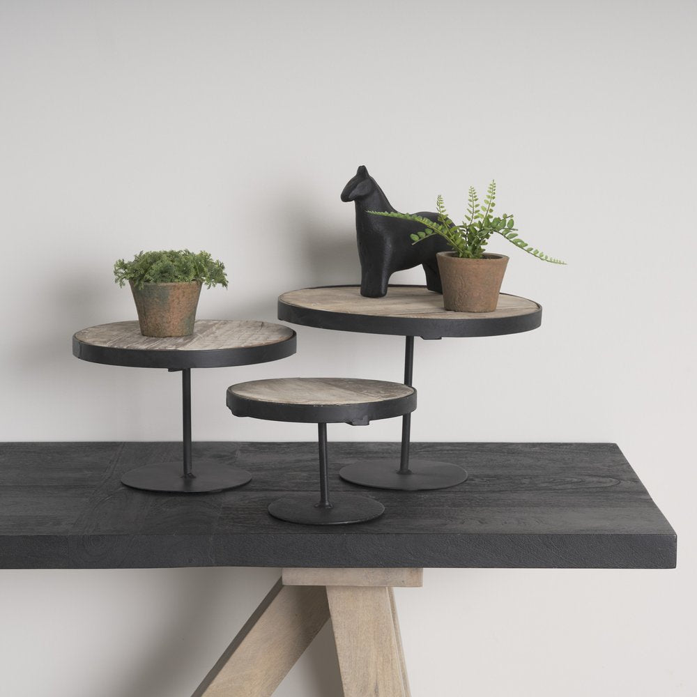 Set of Three Black And Light Brown Iron And Solid Wood Round Risers — view 8