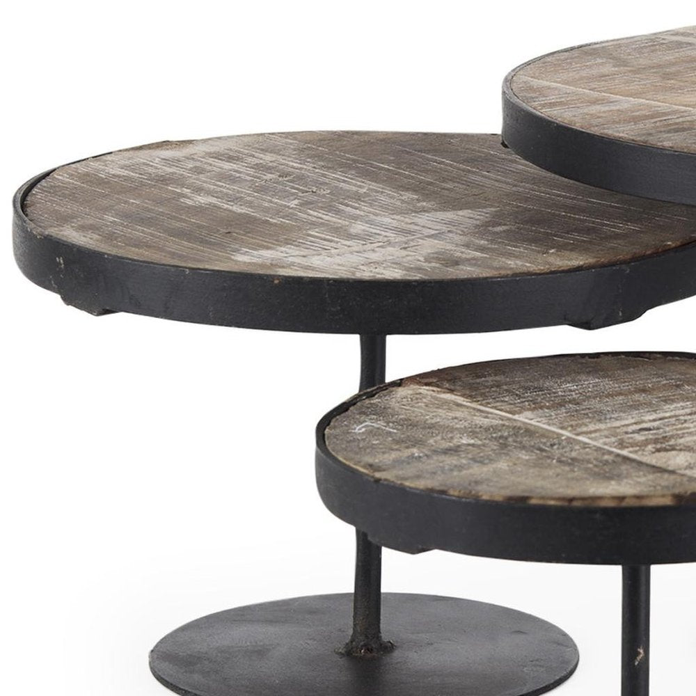 Set of Three Black And Light Brown Iron And Solid Wood Round Risers HomeRoots