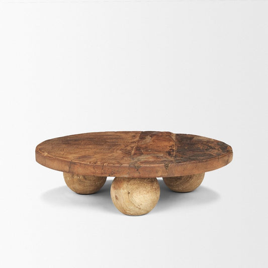 14" Brown Reclaimed Wood Hand Finished Round Riser Tray