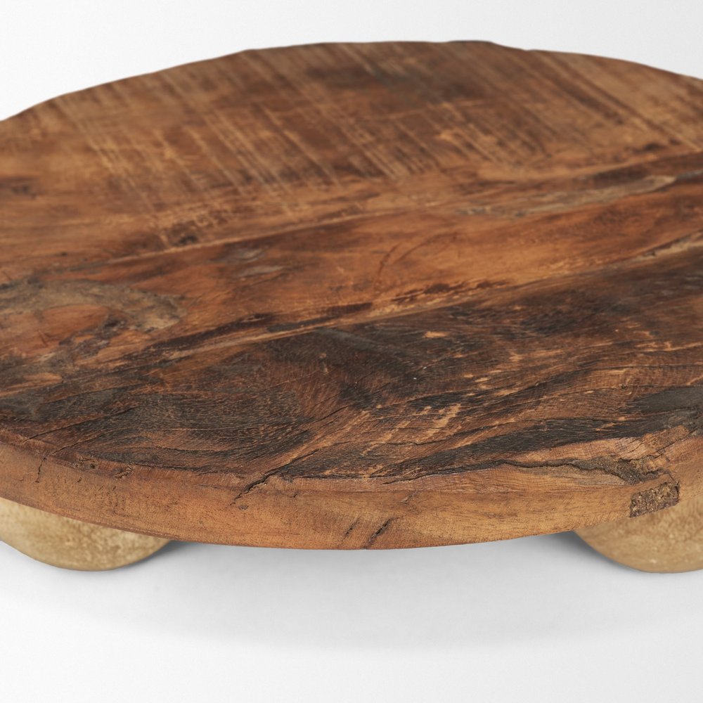 14" Brown Reclaimed Wood Hand Finished Round Riser Tray HomeRoots
