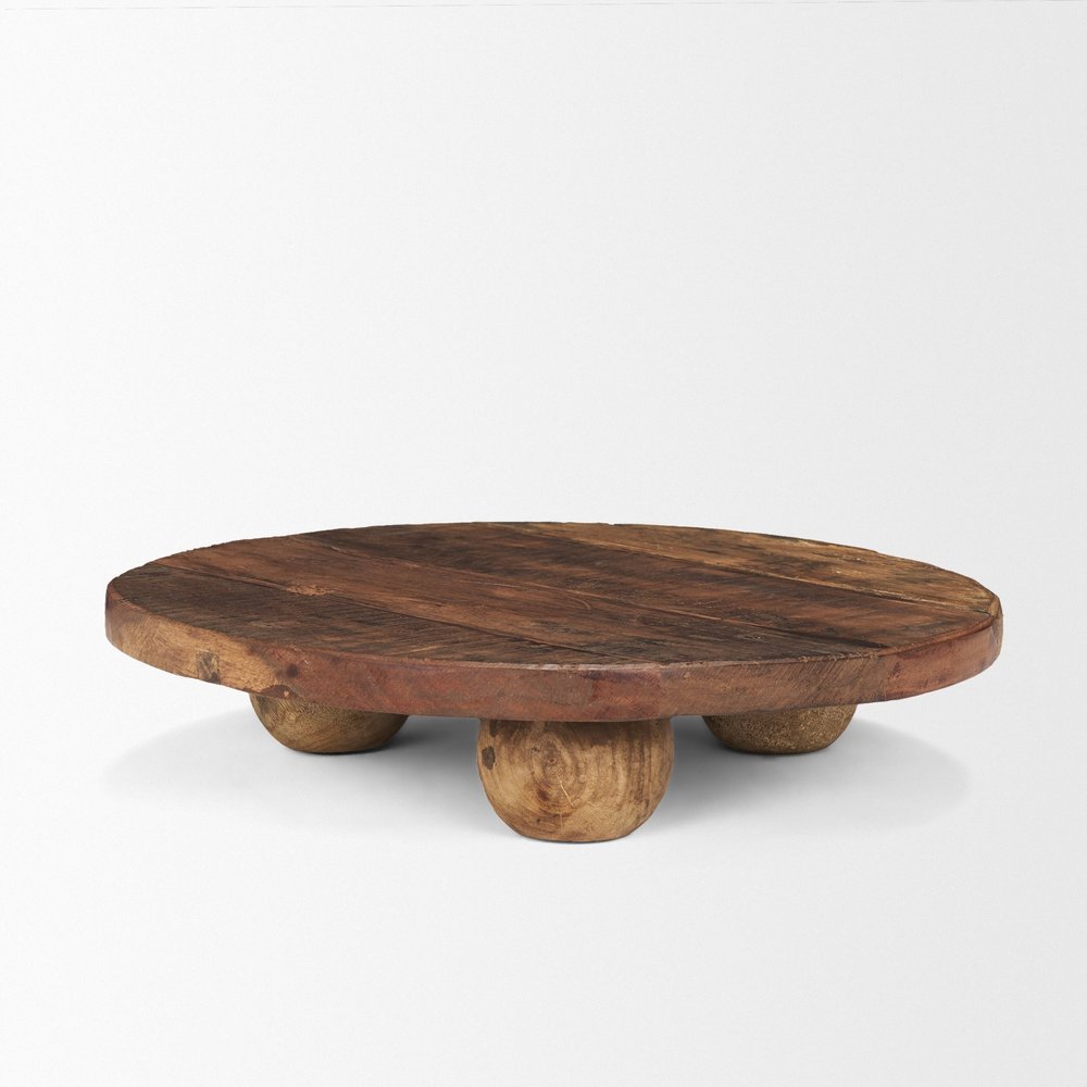 14" Brown Reclaimed Wood Hand Finished Round Riser Tray HomeRoots