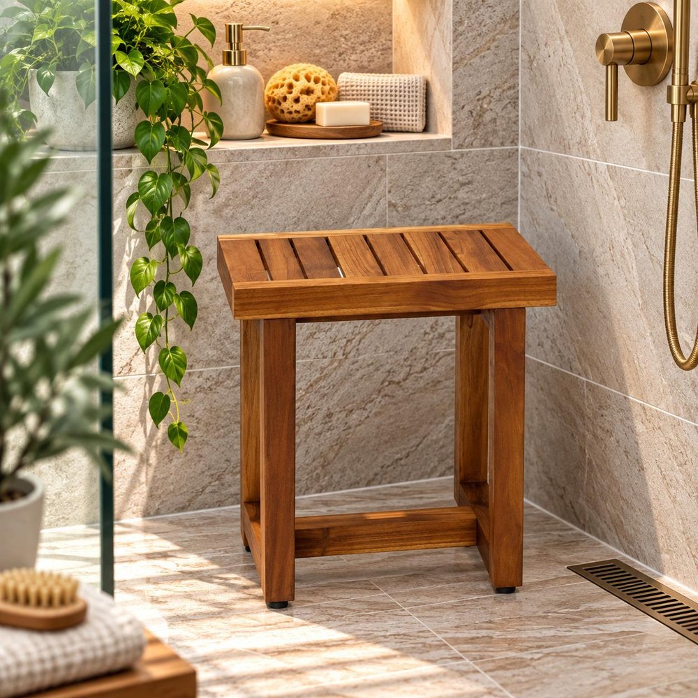 18" X 18" Brown Teak Slat Rectangular Shower Bench