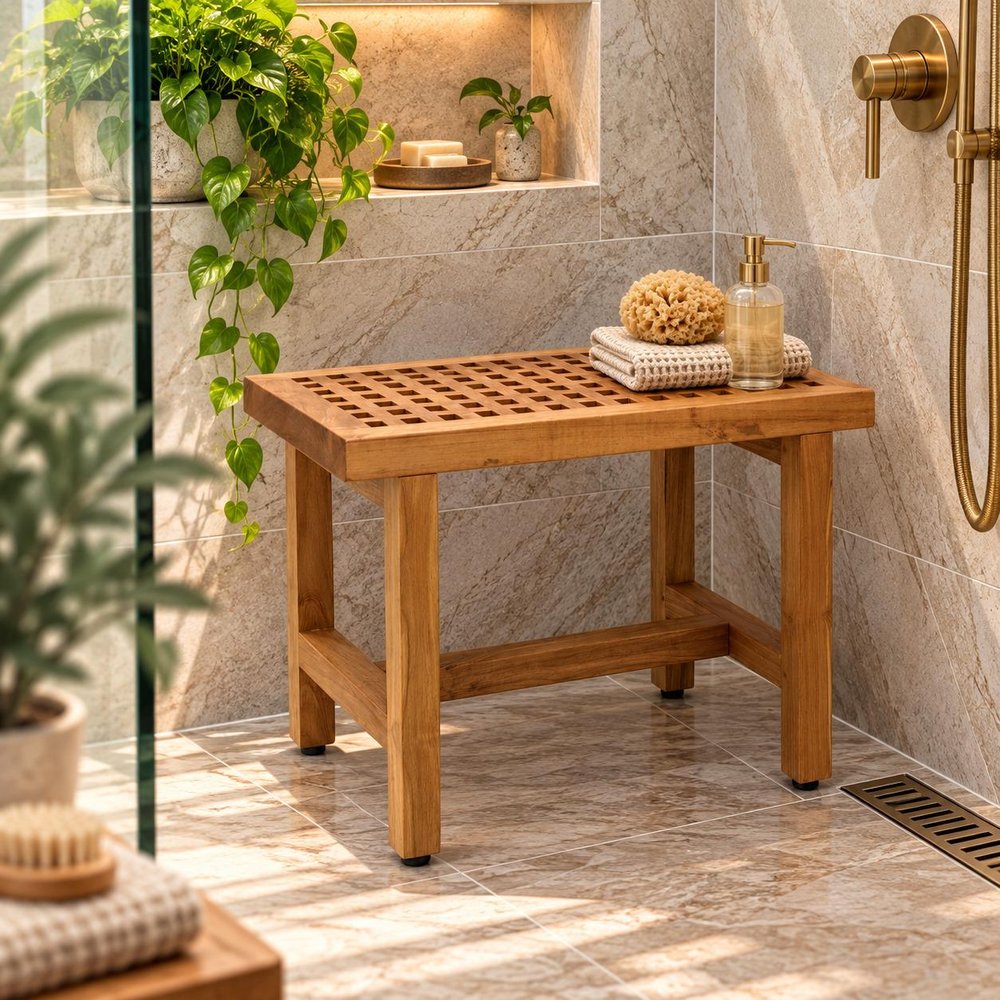 18" X 24" Brown Teak Geometric Rectangular Shower Bench